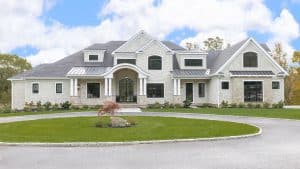 Mendon Massachusetts, luxury custom home, exterior, malbec siding, three car garage, custom metal front door